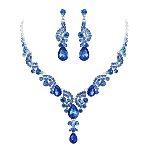 EVER FAITH Rhinestone Crystal Bridal Floral Wave Teardrop Necklace Earrings Set - color: 2pcs_Light Blue
