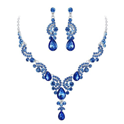 EVER FAITH Rhinestone Crystal Bridal Floral Wave Teardrop Necklace Earrings Set - color: 2pcs_Light Blue