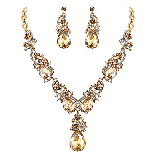 Women's Wedding Bridal Crystal Multi Teardrop Cluster Statement Necklace Dangle Earrings Set - color: 02-Champagne Gold-Tone