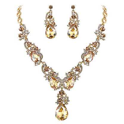 Women's Wedding Bridal Crystal Multi Teardrop Cluster Statement Necklace Dangle Earrings Set - color: 02-Champagne Gold-Tone