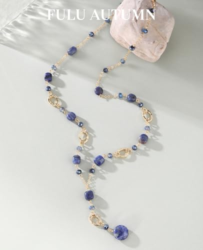 FULU AUTUMN Long Gold Beaded Necklaces for Women Natural Stone Bead Statement Pendant Necklace Y Sweater Chain Fashion Jewelry Gifts - color: Blue