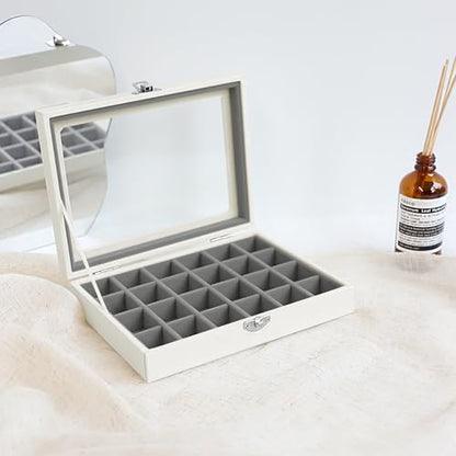 Wudygirl 24 Grid Earring Organizer Small Jewelry Box with Lid WhiteGray | Ring Box with Adjustable Dividers, Velvet Lining, Ideal for Rings, Earrings, Jewelry Display, Gift Giving - style: White Gray 24 Grid