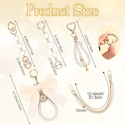 Sureio 5 Pcs Bag Extender Chain Pearl Purse Chain Ribbon Bow Keychain Extender Bag Strap Purse Charms Accessories for Handbag - color: Gold and White