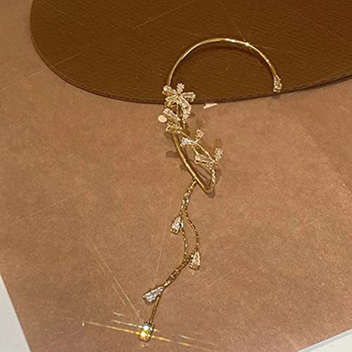 BETHYNAS Glitter Rhinestone Butterfly Flower Ear Cuff Sparkly Non-Pierced Crystal Tassel Fake Earrings Climber Lady Ear Wrap Bridal Party Ear Jewelry for Women and Girls - color: Gold Tassel Leaf