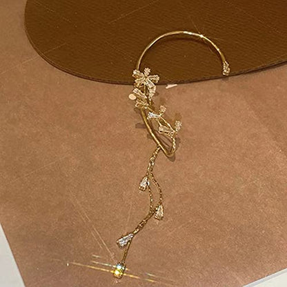 BETHYNAS Glitter Rhinestone Butterfly Flower Ear Cuff Sparkly Non-Pierced Crystal Tassel Fake Earrings Climber Lady Ear Wrap Bridal Party Ear Jewelry for Women and Girls - color: Gold Tassel Leaf