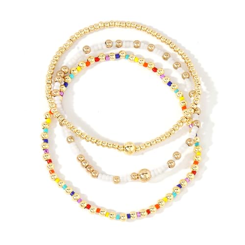 Dainty Gold Plated Tiny Ball Colorful Beaded Stack Bracelets Sets for Women,3Pcs Stackable Cute Bracelet Stretch Trendy Ball Jewelry Friendship Gift - color: Colorful