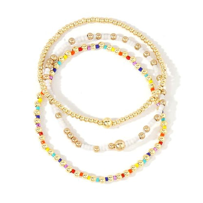 Dainty Gold Plated Tiny Ball Colorful Beaded Stack Bracelets Sets for Women,3Pcs Stackable Cute Bracelet Stretch Trendy Ball Jewelry Friendship Gift - color: Colorful