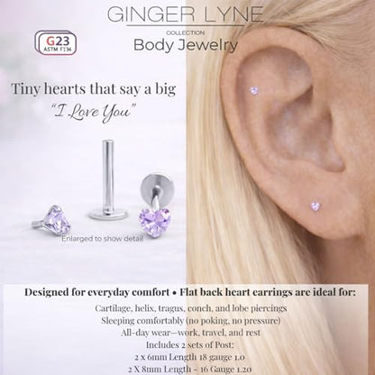 Titanium Heart CZ Labret Stud Earrings for Piercings by Ginger Lyne 6Pc Set G23 Screw Front Flat Back Body Jewelry 2 pair post 6mm, 8mm Cartilage, Helix, Tragus, Lip, Conch, Lobe - color: 3mm-LtPurple