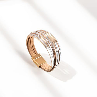 Gold Tube Leather Wrap Bracelets Boho Chunky Stackable Layered Western Cuff | Stacked Bohemian Cool Magnetic Clasp Bangles Statement Cowgirl Hippie Country Festival Accessories for Women Trendy - color: Silver