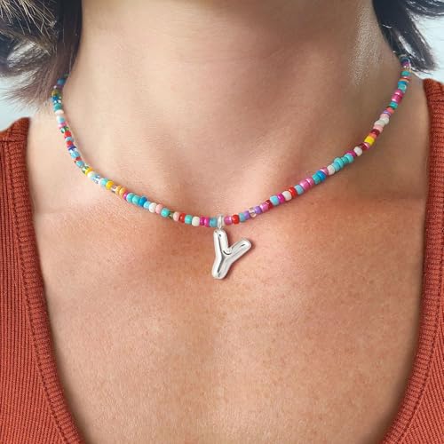 VRIUA Colorful Initial Necklaces for Women – Bubble Letter A-Z Necklace Handmade Beaded Necklace Dainty Initial Necklaces for Girls Kids - Teen Girls Gifts Trendy Jewelry - color: Silver, style: Y