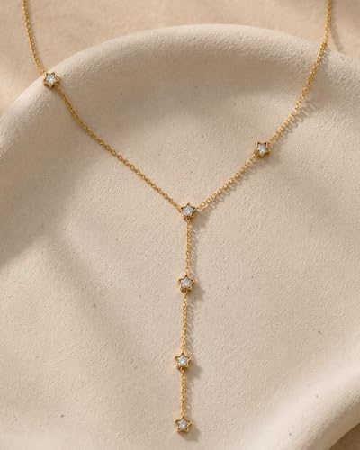 14K Gold Plated Lariat Necklace for Women, Dainty Star Drop Long Necklaces CZ Y-Shaped Pendant Necklaces for Women Trendy Jewelry - color: star