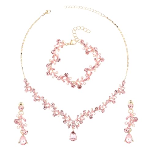 Rhinestone Wedding Jewelry Sets for Bridal Women Crystal Necklace Bracelet Earrings Set Prom Jewelry Set for Brides - color: Pink Gold