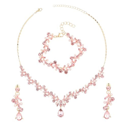 Rhinestone Wedding Jewelry Sets for Bridal Women Crystal Necklace Bracelet Earrings Set Prom Jewelry Set for Brides - color: Pink Gold