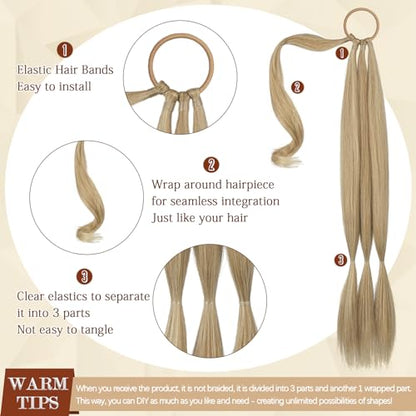 Long Braid Ponytail Extension with Hair Tie Straight Sleek Wrap Around Hair Extensions Braid Pony Tail Fluffy Natural Soft Synthetic Hairpieces for Women Daily Wear, 26 inch-Ash Blonde - color: Ash Blonde, size: 26 Inch (Pack of 1)