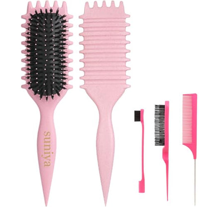 Curly Hair Brush,Curl Defining Brush plus 3 Pieces Hair Styling Comb Set(Slick Back Hair Brush,Rat Tail Comb,Edge Bristle Brush) for Combing, Shaping, Styling(Pink) - color: Pink
