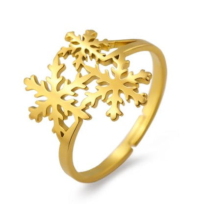 OIDIMS Xmas Snowflake Ring for Women Elegant Winter Flower Adjustable Open Band Rings Hypoallergenic Stainless Steel Christmas Holiday Wedding Engagement Prom Jewelry for Her Stocking Stuffer - color: Gold