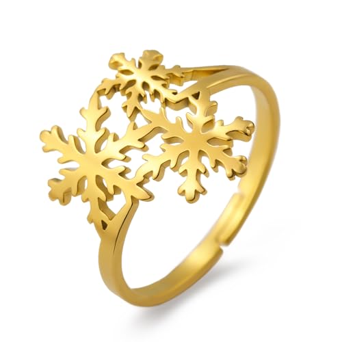 OIDIMS Xmas Snowflake Ring for Women Elegant Winter Flower Adjustable Open Band Rings Hypoallergenic Stainless Steel Christmas Holiday Wedding Engagement Prom Jewelry for Her Stocking Stuffer - color: Gold