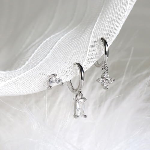 Sterling Silver Earrings Stacks for Women, Hypoallergenic Cartilage Earring | Dainty Stud Huggie Hoop Dangle Chain Earrings, 14K Gold/White Gold Plated - color: 3Pairs-Square CZ Set-Silver
