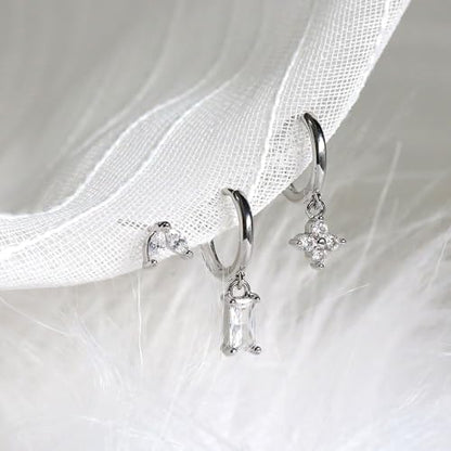 Sterling Silver Earrings Stacks for Women, Hypoallergenic Cartilage Earring | Dainty Stud Huggie Hoop Dangle Chain Earrings, 14K Gold/White Gold Plated - color: 3Pairs-Square CZ Set-Silver
