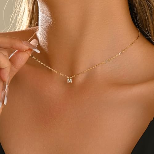 Small Letter Necklace for Women 18K Gold Plated Cubic Zirconia Tiny Initial Necklace Dainty Personalized Name Necklaces - color: M-Gold