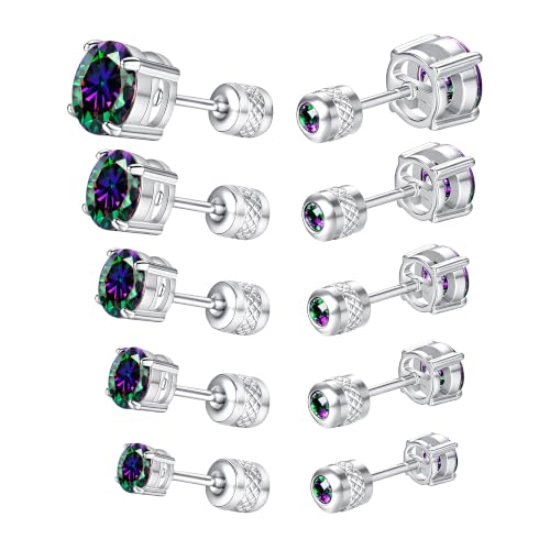5 Pairs Screw Back Stud Earrings Set, Cubic Zirconia Stud Earring for Women Men Hypoallergenic 316L Surgical Stainless Steel Round Cut CZ 3-7mm - color: White-Rainbow