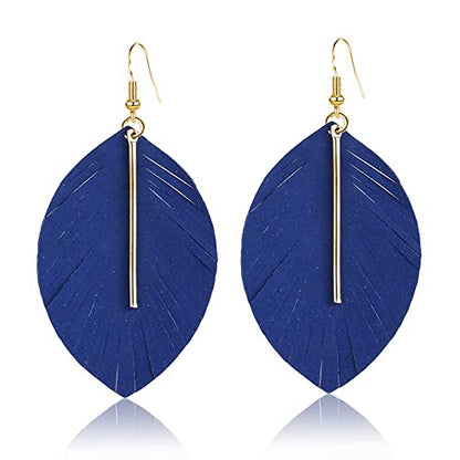 YUNXI Large Genuine Soft Leather Handmade Fringe Feather Lightweight Leaf with Simple Drop Metal Bar Tear Drop Dangle Color Earrings for Women - color: Royal Blue