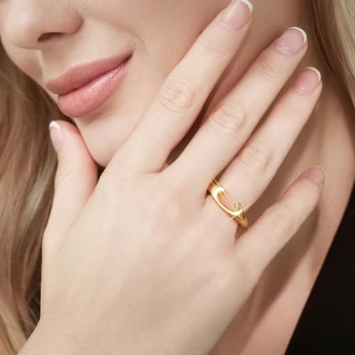 Cicy Bell Initial Rings for Women 18k Gold Plated Adjustable Rings | Open Signet Rings, Bold Letter, Personalized Engraved, For Party - color: Initial-C