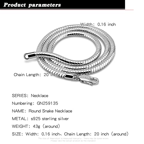 H&Beautimer Classic Unisex 925 Sterling Silver Necklace 3-4MM Round Snake Chain Necklace for Men Women - Party Fine Jewelry - Original Silver Link Necklace 16-17-18-19-20-22-24-26-28-30'' - size: 22 Inches, style: 4MM Width