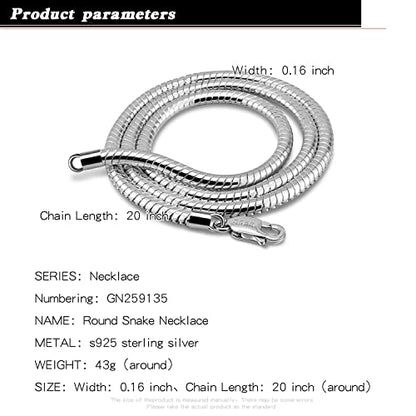 H&Beautimer Classic Unisex 925 Sterling Silver Necklace 3-4MM Round Snake Chain Necklace for Men Women - Party Fine Jewelry - Original Silver Link Necklace 16-17-18-19-20-22-24-26-28-30'' - size: 28 Inches, style: 4MM Width