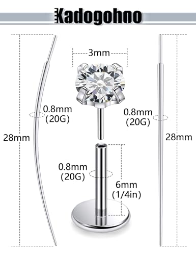 F136 Titanium 20/18/16g Internally Threaded Medusa Monroe Lip Ashley Labret Nose Rings Flat Back Tragus Helix Cartilage Conch Screw Stud Earrings Surgical Steel Piercing Jewelry for Women - color: White CZ, size: 20g*1/4in