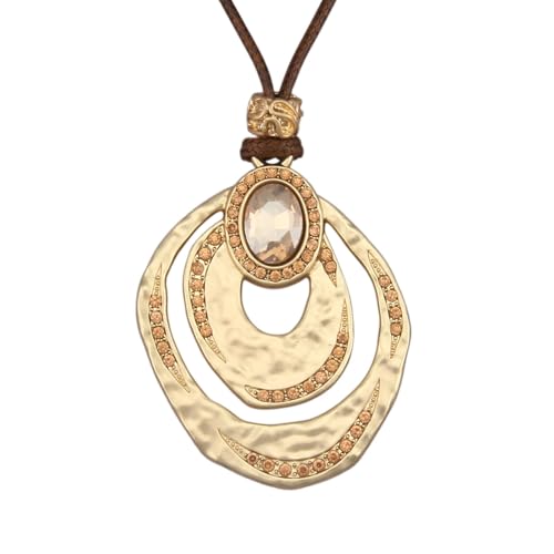 GelConnie Leather Necklace for Women Round Wooden Pendant Long Leather Choker Vintage Sweater Necklace Gold Chunky Boho Necklaces for Women - style: Crystal Gold Necklace