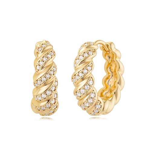 Women Gold Earrings Huggie Hoop Cubic Zirconia 14K Gold Plated Small Simple Hypoallergenic Everyday Jewelry - style: Croissant
