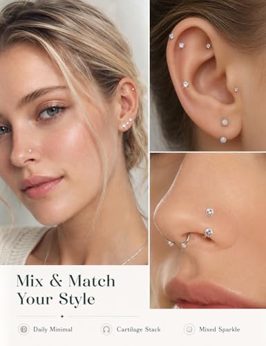 18G 316L Surgical Steel Horseshoe Nose Ring & Threadless Stud Set | Includes CZ and opal horseshoe rings, 3 threadless CZ studs and taper tools for nostril, septum, tragus and labret.