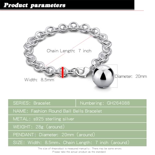 Dankadi Women 925 Sterling Silver Round Cable Wire Link Bracelet Charm Heart-Bell-Square-Circle Pendant Chain Bangle Fine Jewelry Gift For Wife Her - color: 8.5MMSilver Bell Pendant, size: 5.9 in