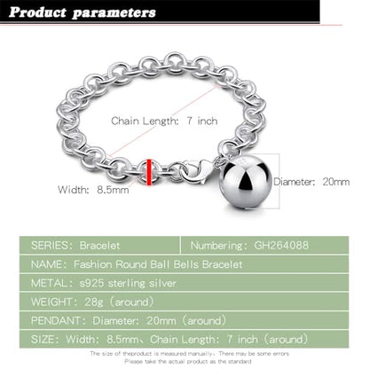 Dankadi Women 925 Sterling Silver Round Cable Wire Link Bracelet Charm Heart-Bell-Square-Circle Pendant Chain Bangle Fine Jewelry Gift For Wife Her - color: 8.5MMSilver Bell Pendant, size: 6.3 in