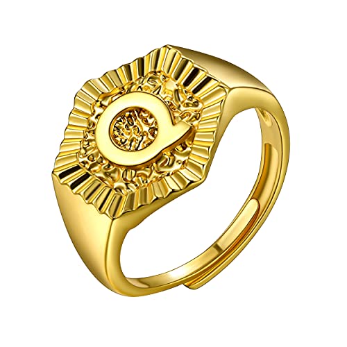 U7 Initial Ring Wedding Band for Men Women 18K Gold Plated Statement Hexagon A-Z Letter Jewelry Personalized Stackable Signet Rings - color: Q