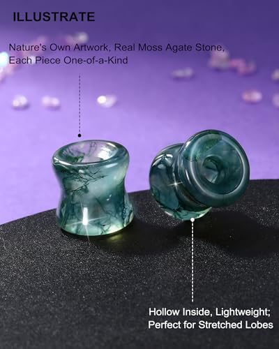 Jewseen 2g-5/8 Moss Agate Ear Gauges Plugs Real Natural Stone Double Flared Ear Tunnels Stretchers Gauges for Women Men Plugs Piercing Jewelry - size: 00g=10mm