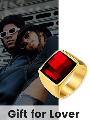KeyStyle Square Gemstone Signet Rings for Men, Personalized Stainless Steel Pinky Ring with Black Onxy Blue Topaz Birthstone Statement Ring - color: Gold - Custom Stone - 15mm