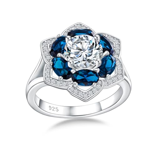 Flower Cocktail Ring for Women Stone Engagement Anniversary Rings | Sterling Silve|Hypoallergenic|Ruby|Sapphire|Emerald|Wedding and Birthday Party Women Statement Ring|Mother and Grandma Gift - color: London Blue Topaz (Dec.)