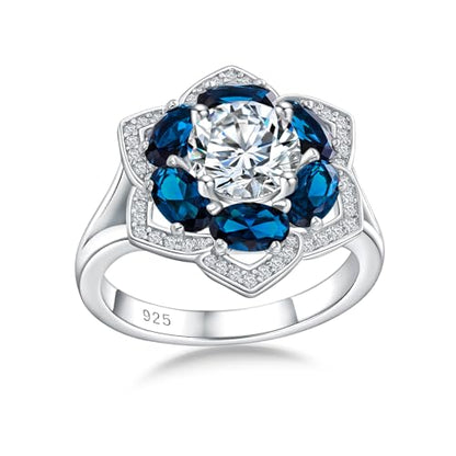 Flower Cocktail Ring for Women Stone Engagement Anniversary Rings | Sterling Silve|Hypoallergenic|Ruby|Sapphire|Emerald|Wedding and Birthday Party Women Statement Ring|Mother and Grandma Gift - color: London Blue Topaz (Dec.)