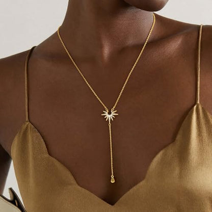14K Gold Plated Layered Lariat Necklace for Women - Waterproof Non-Tarnish Dainty Gold Chain Necklace, Long Boho Statement Jewelry for Wedding, Prom, Summer Vacation Gifts - color: CZ Y Necklace-Gold