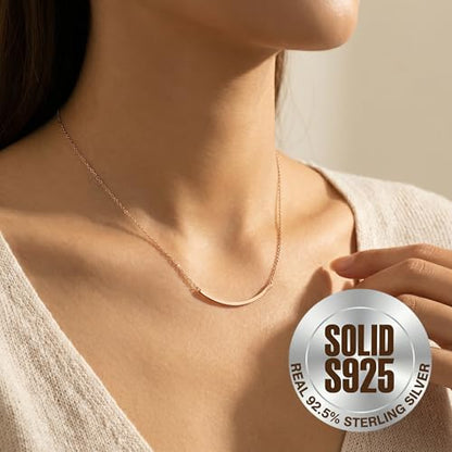 SLUYNZ Solid 925 Sterling Silver Minimalist Bar Choker Necklace for Women Teens Curved Tube Bar Pendant Necklace - color: C-Rose Gold Plated