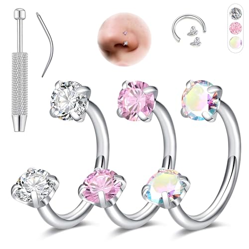 Aidenn 18G Horseshoe Nose Rings for Women, 6-8mm Horseshoe Piercing Jewelry Set Gold & Silver, Double Gem Horse Shoe Nose Rings Hoops Surgical Steel Cartilage Helix Tragus Earring Labret Lip With Tool - color: 18G 7mm/silver