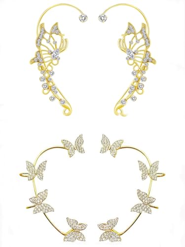 2Pcs Butterfly Ear Cuffs Rhinestone Clip On Earrings | Rhinestone butterfly ear cuffs with non piercing clip on design; silver ear wrap climber jewelry for parties and weddings - style: 2Pair Gold