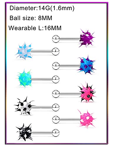 Prjndjw 14G Silicone Soft Spike Ball Tongue Rings Surgical Steel Tongue Rings Koosh Spiky Body Piercing Jewelry 8Pcs 16MM