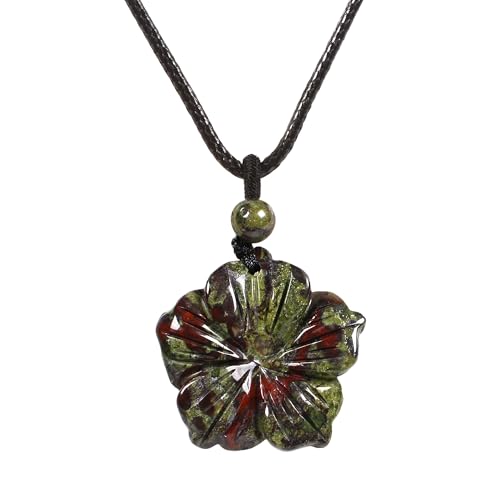 Justinstones Hand Carved Healing Crystals Gemstone Hawaii Flower Pendant Hand Weaving Wax Rope Necklace 22 inch - color: Dragon Blood Jasper