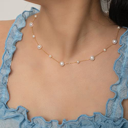925 Sterling Silver Dainty Freshwater Cultured Pearl Choker Necklace White Genuine Real Pearl Charm Necklaces Jewelry Gifts for Her - color: Satellite Pearl-Gold Plus 4-5mm&8-9mm