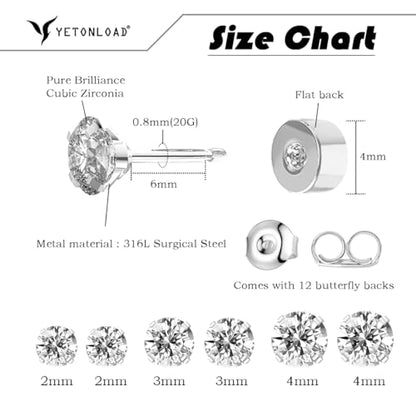 5-6 pairs Push-in Flat Back Stud Earrings Hypoallergenic Surgical Stainless Steel Cubic Zirconia Earrings Studs Set Multi-Pack, CZ Stud Earrings for Women Men Trendy Cartilage Stud Earrings 2-8mm - color: Silver-2/3/4mm(6pairs)