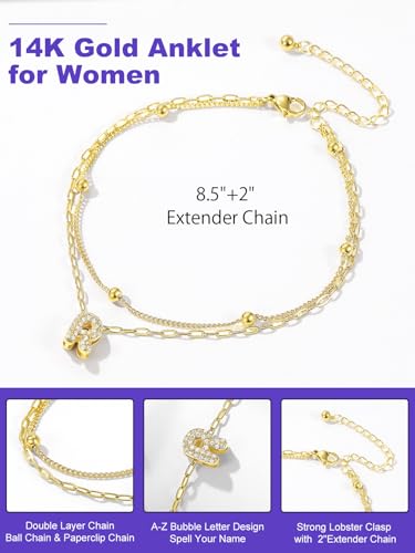 Richsteel Initial Ankle Bracelets for Women Waterproof, 14K Gold Plated/Silver Stainless Steel Anklets, Dainty Adjustable Layered Anklets with Bubble Letter, Non Tarnish Summer Beach Jewelry with Gift Box - color: H-Gold-Plated