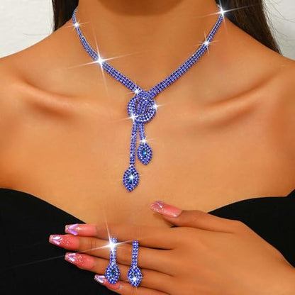 Unicra Silver Rhinestone Bridal Wedding Jewelry Set Crystal Necklace Earrings Sets Formal Prom Costume Jewelry Sets for Women and Brides - color: Blue